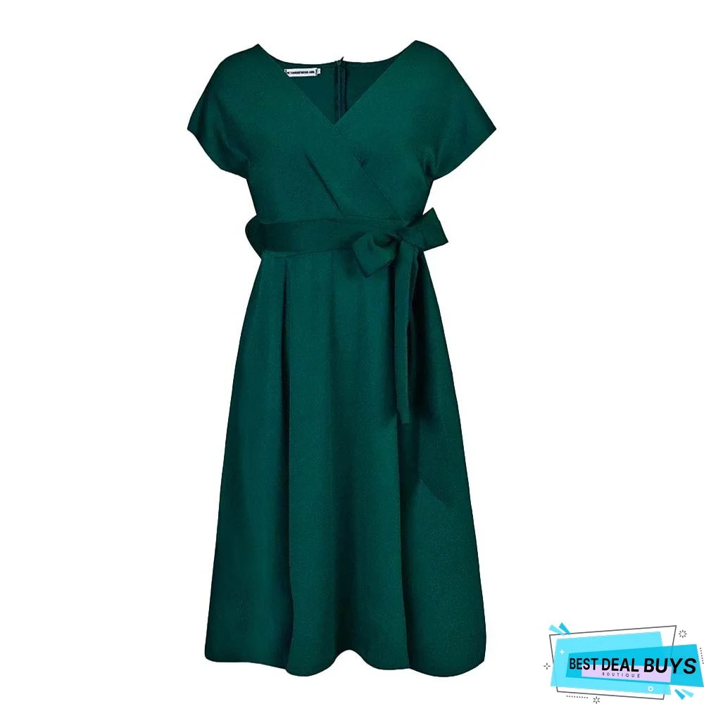 V-Neck Solid Color Waist Bow Tie Dress White Dresses