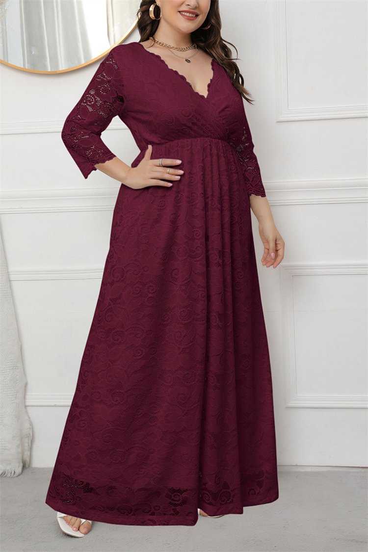 Plus Size Mother Of The Bride Lace Stitching Deep V Neck 3/4 Sleeve Tunic Maxi Dress  flycurvy [product_label]