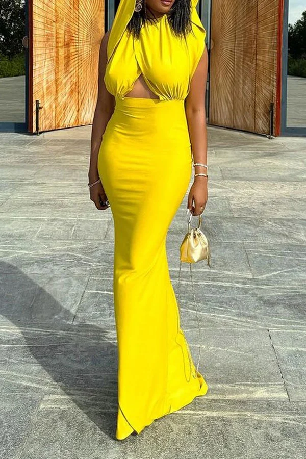 Solid Color Chic Cutout Backless Bodycon Maxi Dress