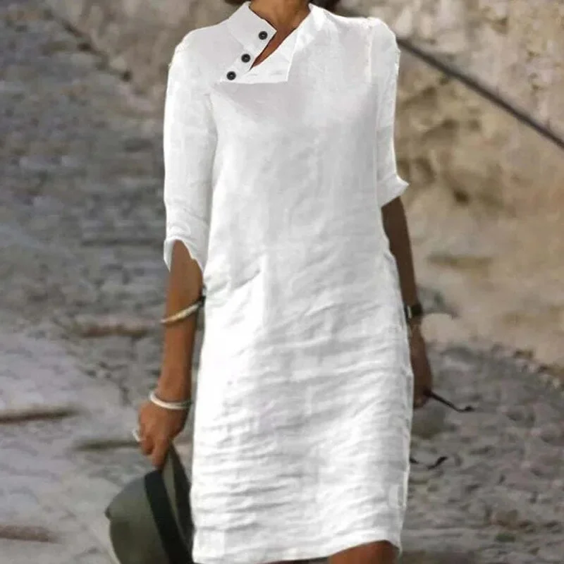 Zingj Solid Pullover Dresses Spring Cotton Linen Loose Medium Length Dress Retro Button Stand Collar Half Sleeve Commuter Dress