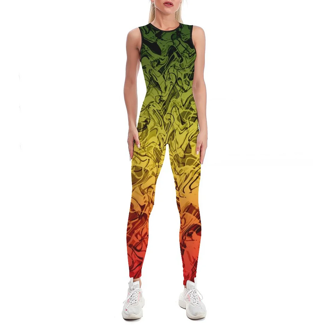 Rasta Fire Abstract Smoke Cool Green Yellow Red Bodycon Tank One Piece Jumpsuits Long Pant Retro Yogas Playsuit for Women