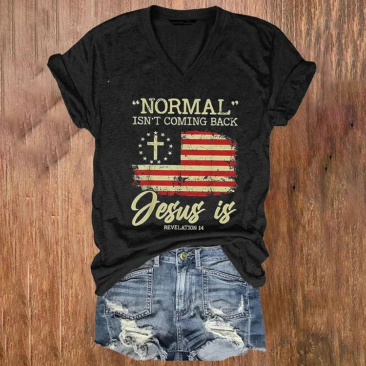 Comstylish American Flag Jesus Print V Neck T-Shirt