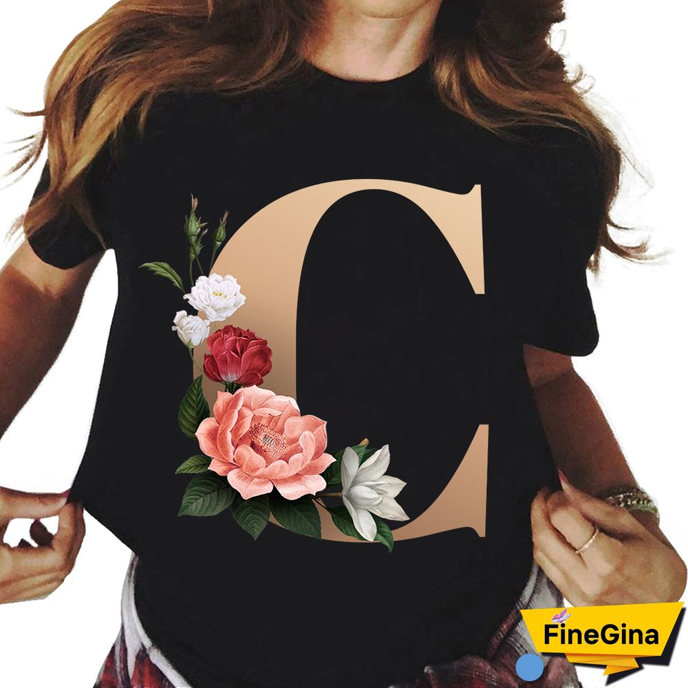 Custom Name Letter Combination T-shirt 26 FloralAlphabetFontClassicTShirt Fashion Harajuku Kawaii TShirt Women Top Tees