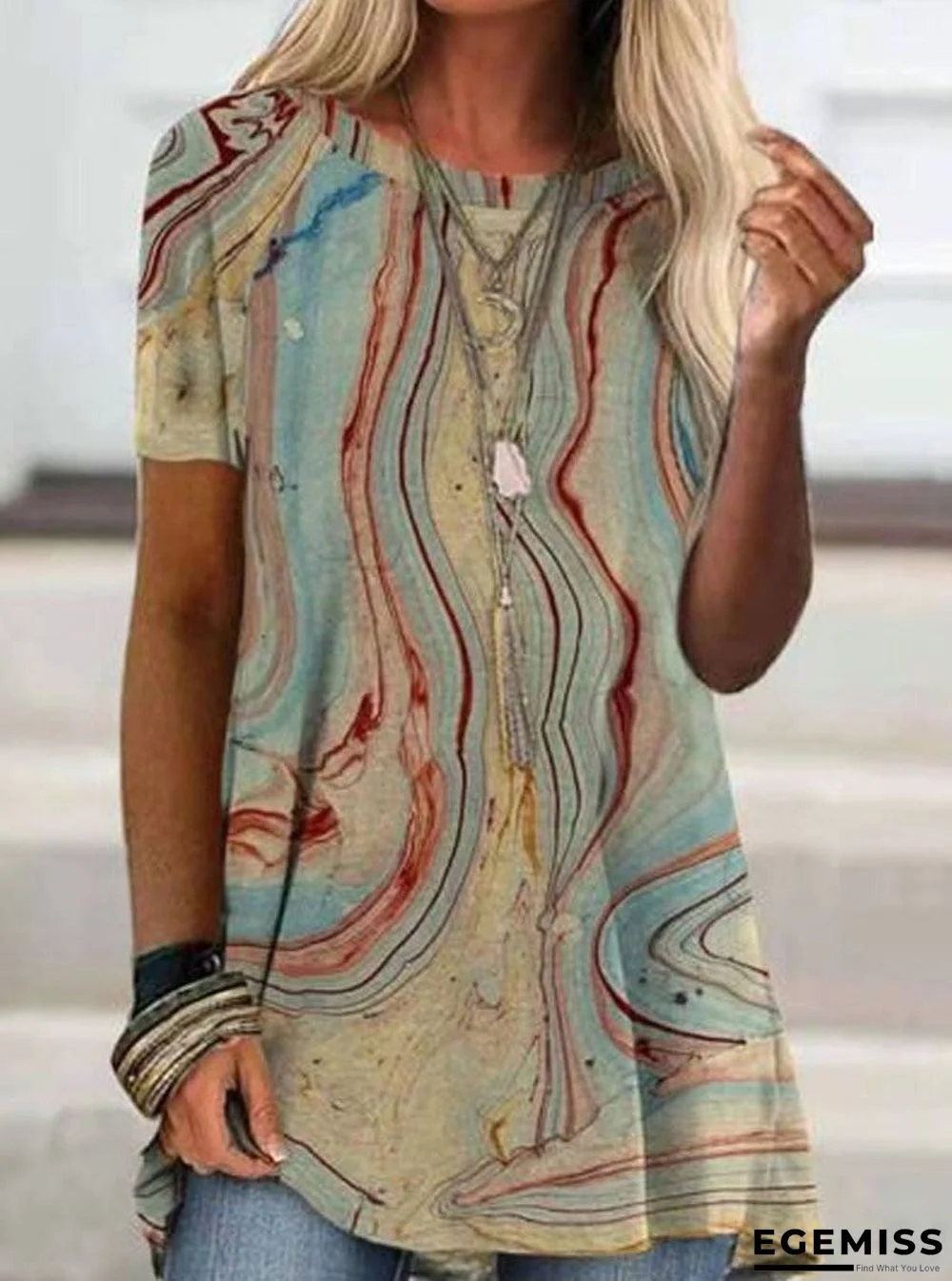 Crew Neck Vintage Print Short Sleeve T-shirt | EGEMISS