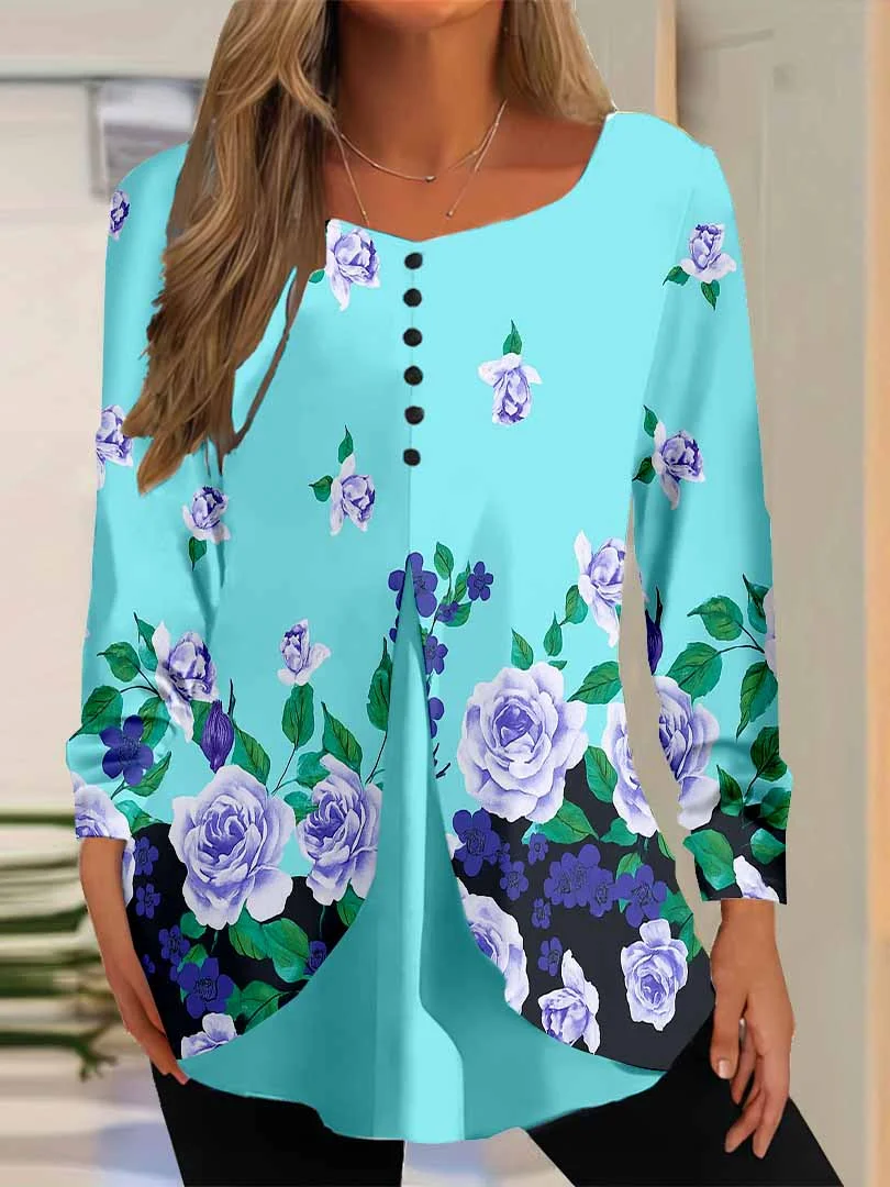 Women Floral,Blue DZGG8303 Long Sleeve Scoop Neck Printed Graphic Button Fake 2in1 Tops