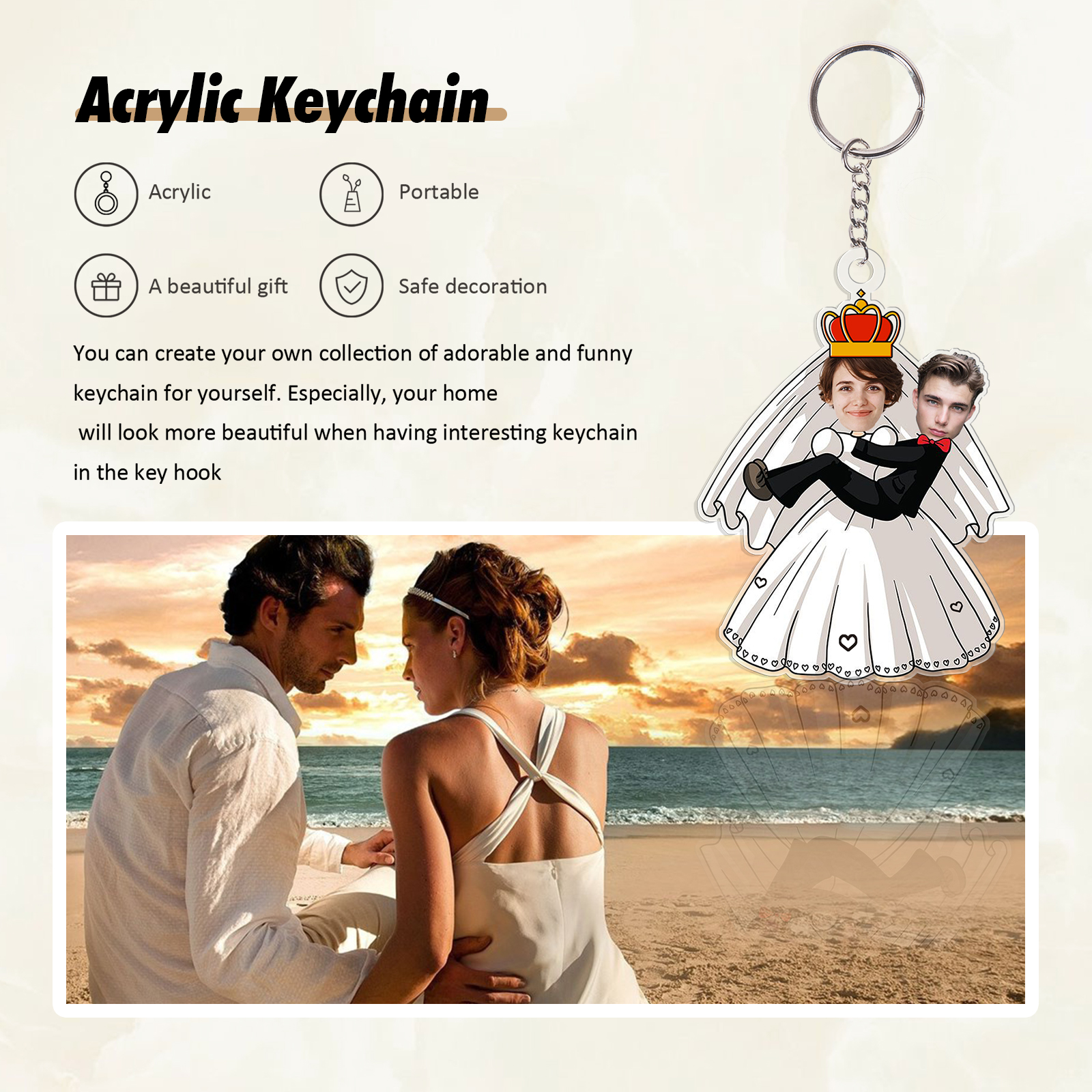 Custom 2 Photos Acrylic Keychain Wedding Dress Keychain Creative Personalised Gift for Couples-Jessemade AU