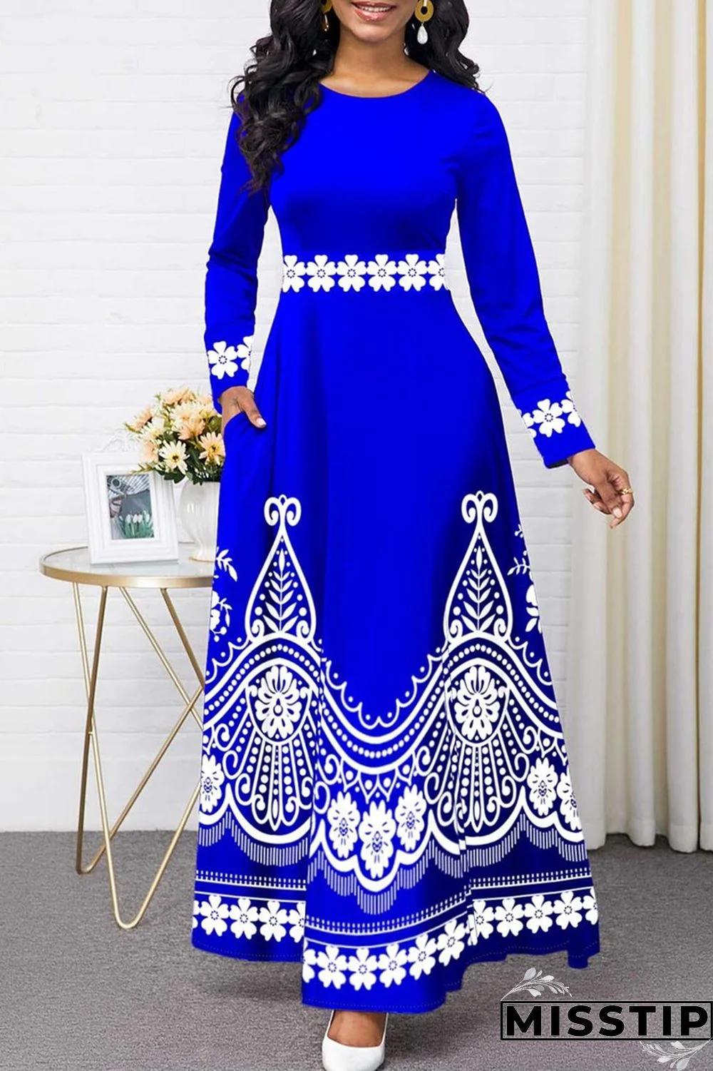 Red Fashion Casual Print Patchwork O Neck Long Sleeve Dresses