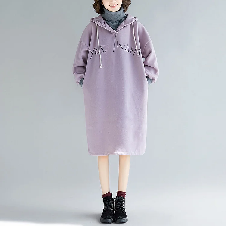 fine purple long sleeve cotton dress plus size false two pieces spring dress hooded dresses