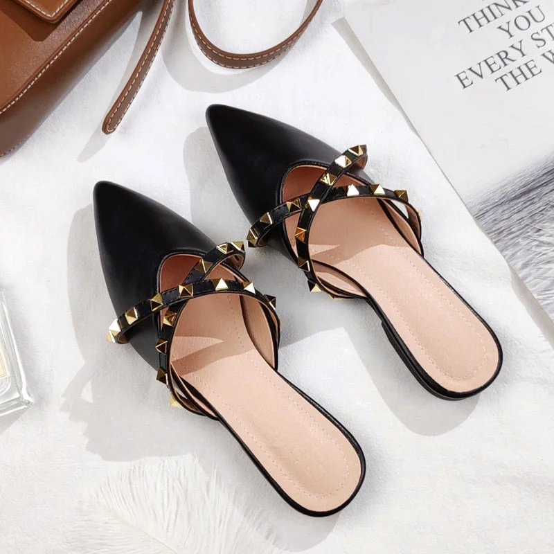 New faux leather women's pointed rivet flats for spring and summer 2021 fashion trend designer slippers