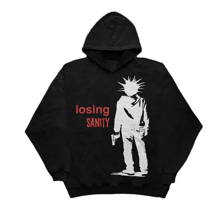 Anime Cartoon Hoodie Losing Sanity Letters Print Zipless Pocket Hoodie at Hiphopee