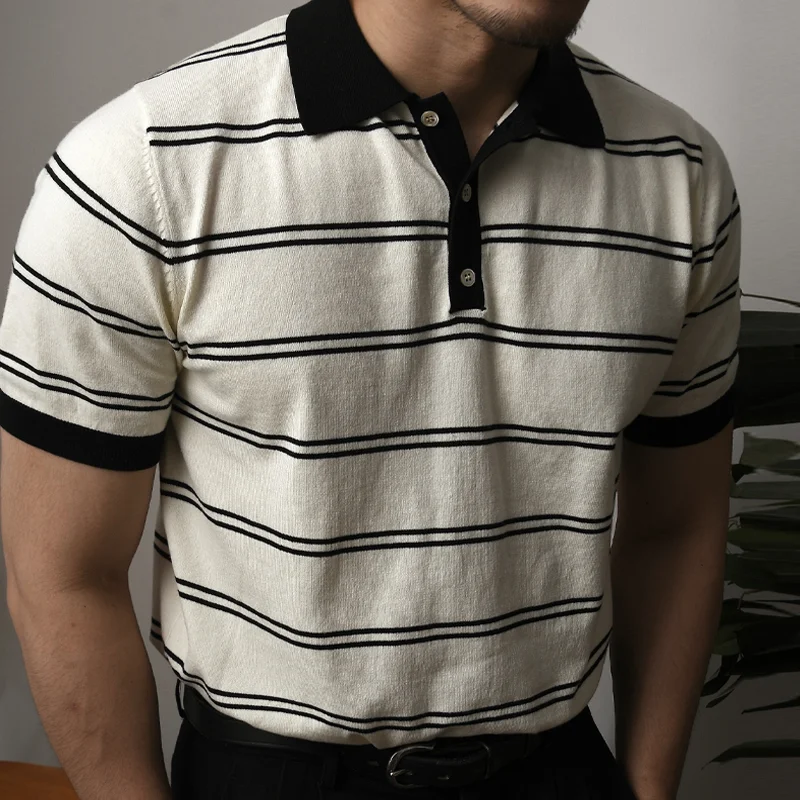 Retro Casual Striped Men's Knitted Short-Sleeved Polo Shirt