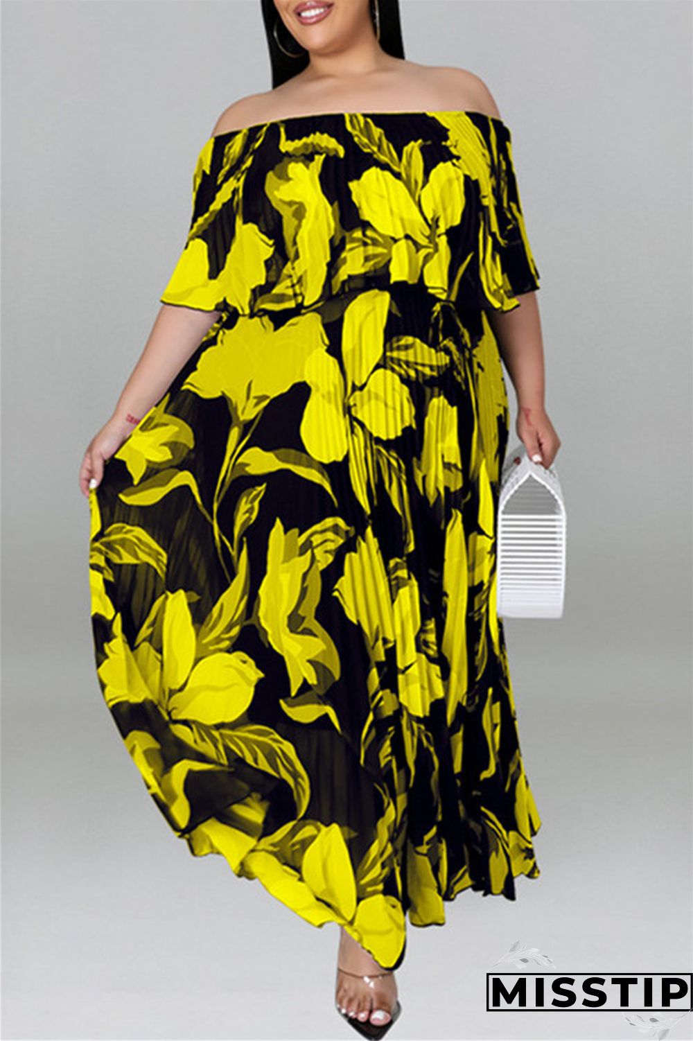 Black Fashion Casual Plus Size Print Patchwork Backless Off the Shoulder Long Dress