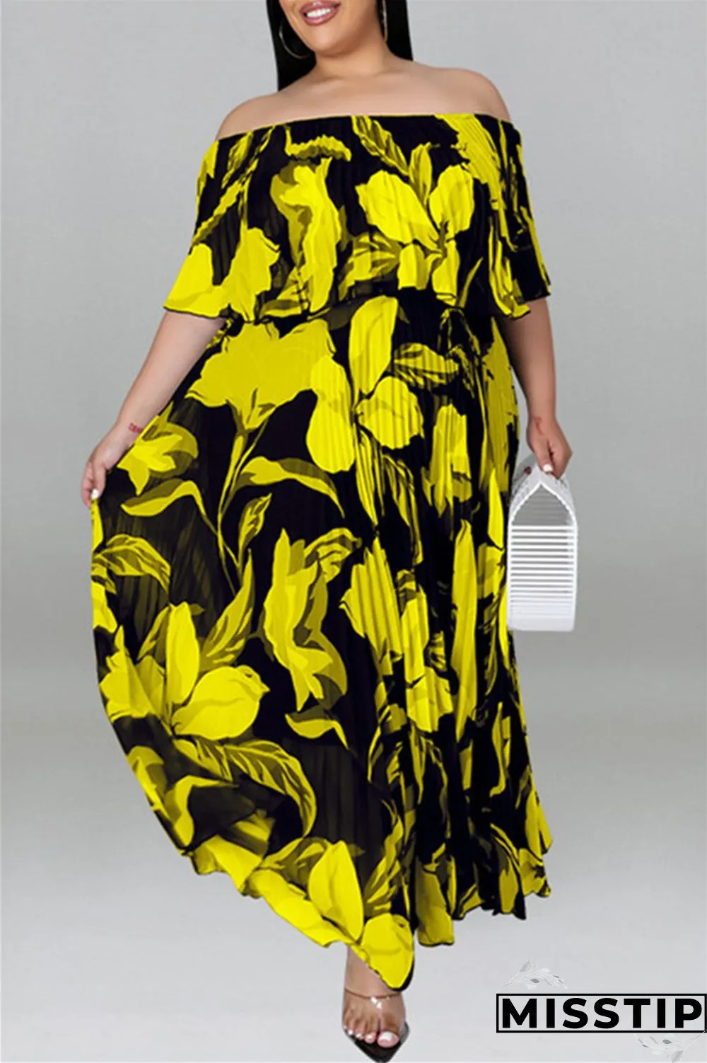 Black Fashion Casual Plus Size Print Patchwork Backless Off the Shoulder Long Dress
