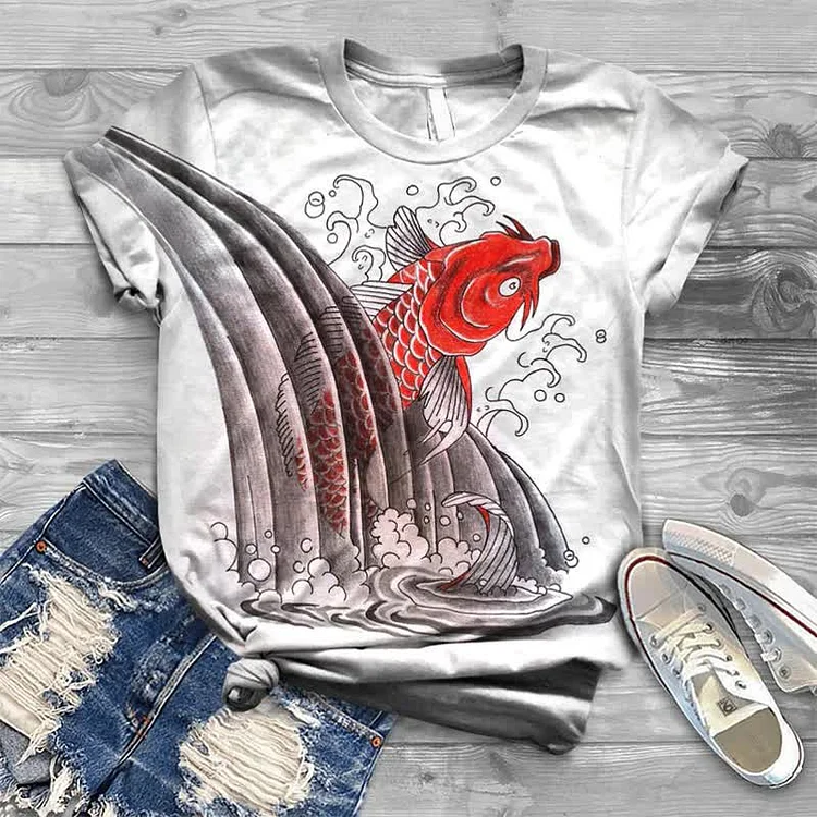 Waterfall Koi Japanese Print T-shirt