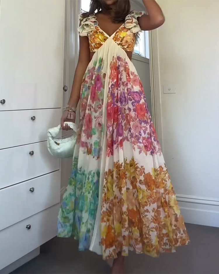 Ruffled Strap Floral Print Dress