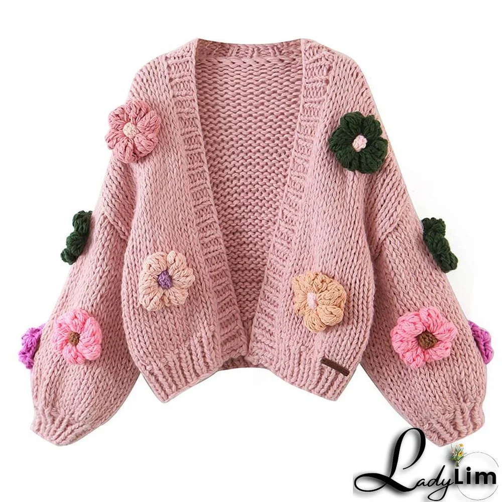 Flowers Pattern Puff Sleeve Cardigan Sweater