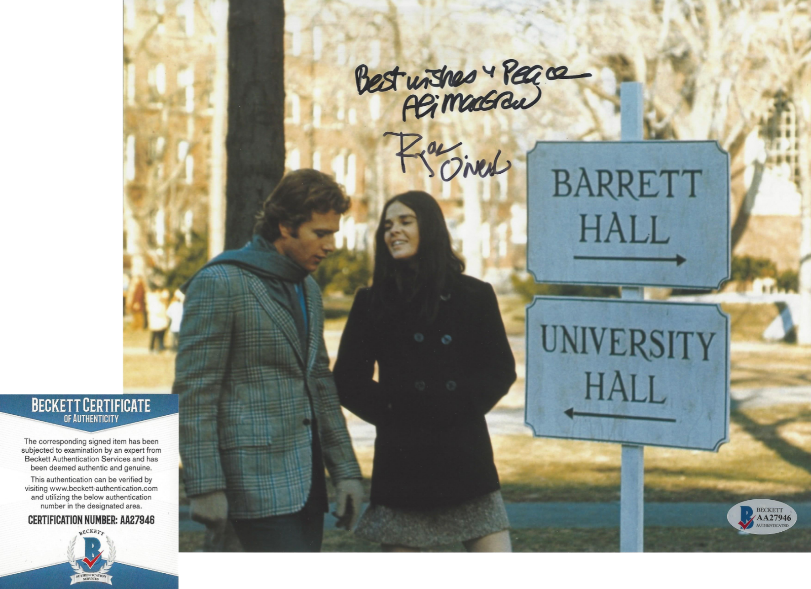 RYAN O'NEAL & ALI MACGRAW SIGNED 'LOVE STORY' 8x10 MOVIE Photo Poster painting C BECKETT COA BAS