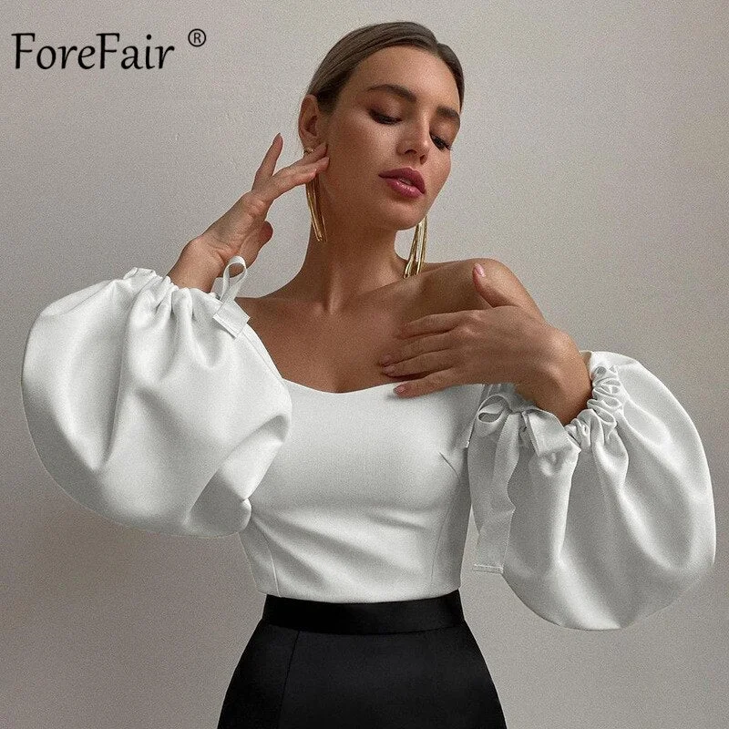 Forefair Off Shoulder Puff Sleeve Crop Top Shirts Ladies Vintage Fashion Party Clothing Bare Back White Women Blouse