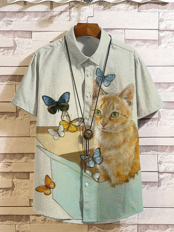 Men's Cat Butterflies Art Print Casual Linen Blend Shirt