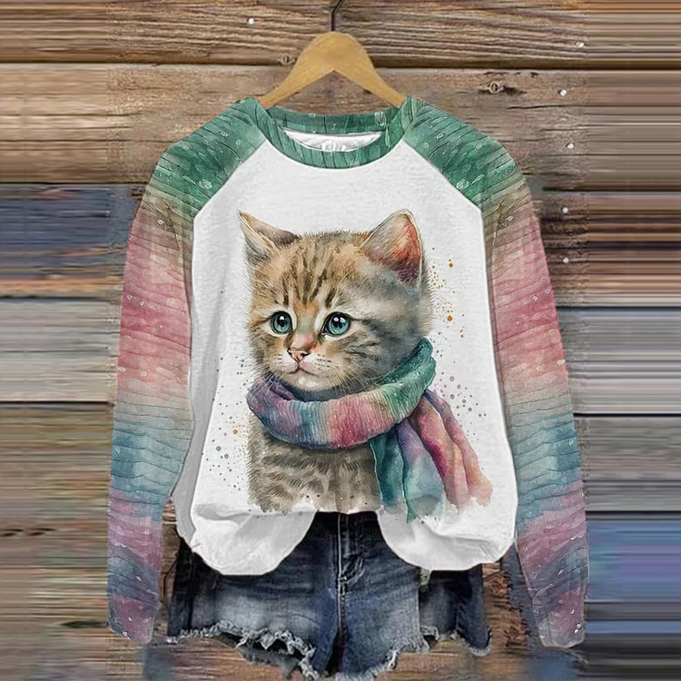 Cute Cat Print Round Neck Long Sleeve Casual Sweatshirt