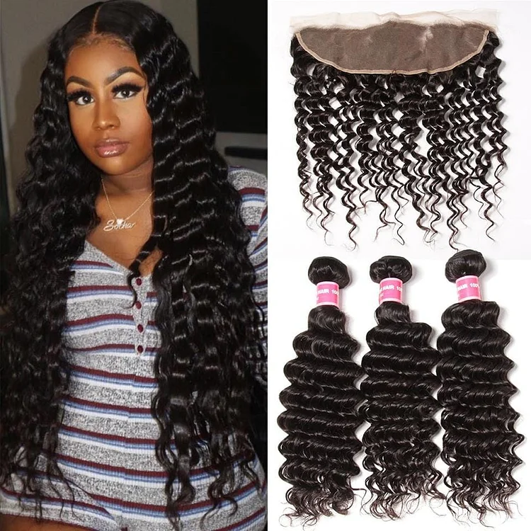 Indian Deep Wave 3 Bundles with 13*4 Ear to Ear Lace Frontal Closure Deals- Hair