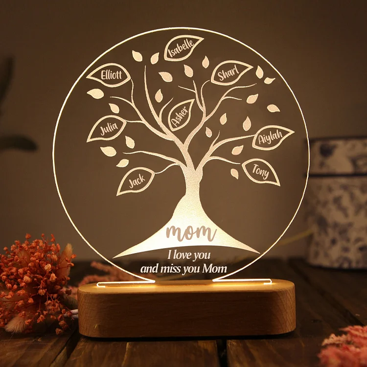 Personalized Family Tree Night Light Engraved 8 Names Wooden LED Lamp