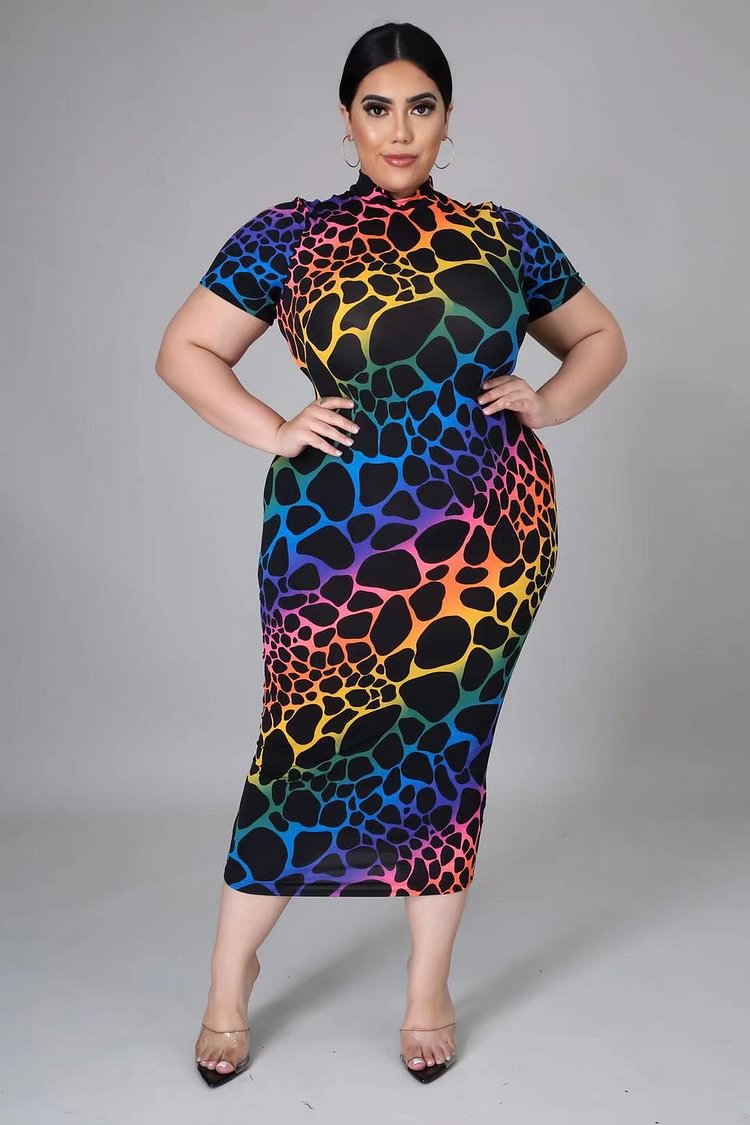 Plus Size Print Short Sleeve Evening Dress - Chicaggo