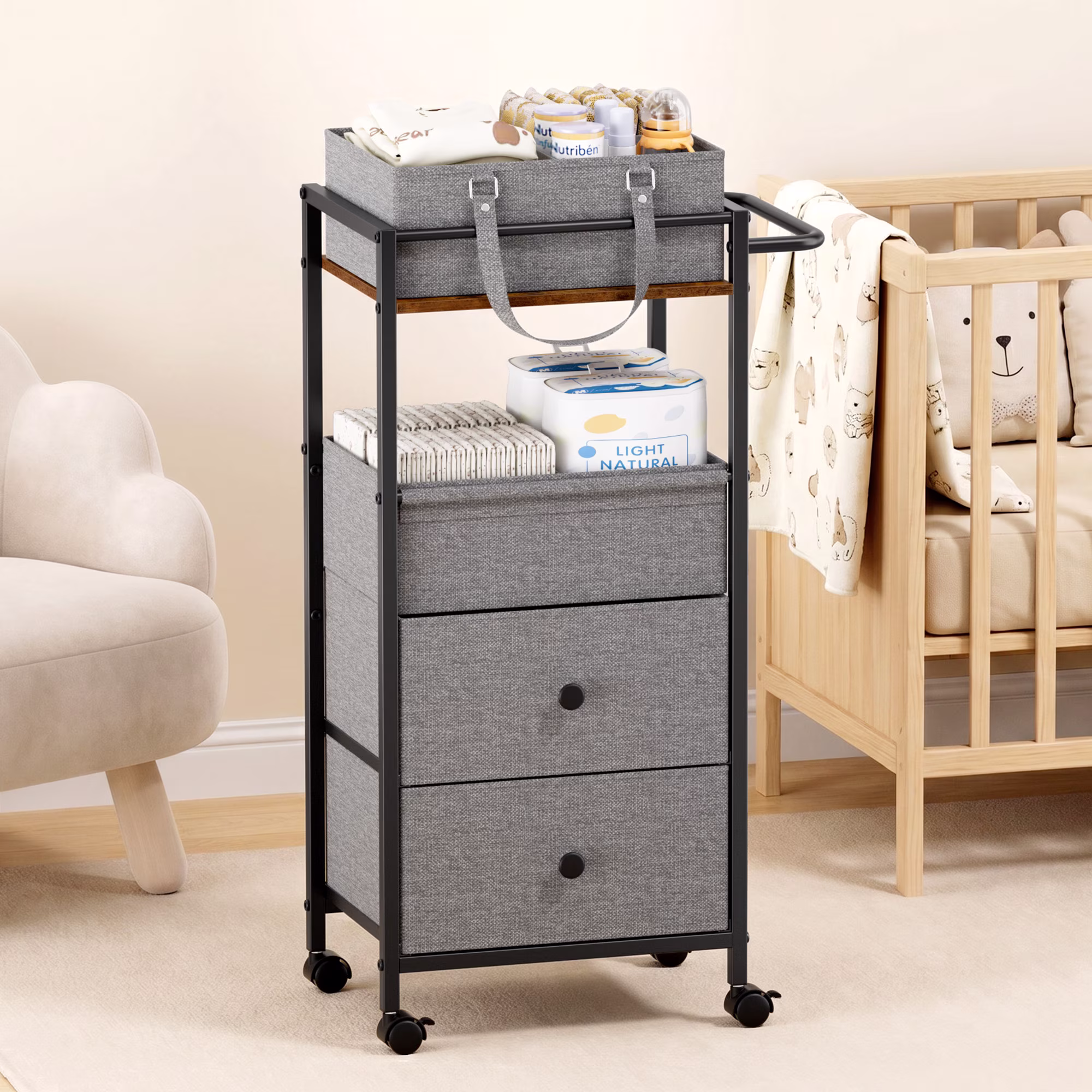 Baby Diaper Caddy Organizer Cart with Drawers - 3In1 Rolling Storage Cart with Wheels, Removable Diaper Caddy, Detachable Dividers - for Crib, Bedroom, Art & Craft Organizer (Black)