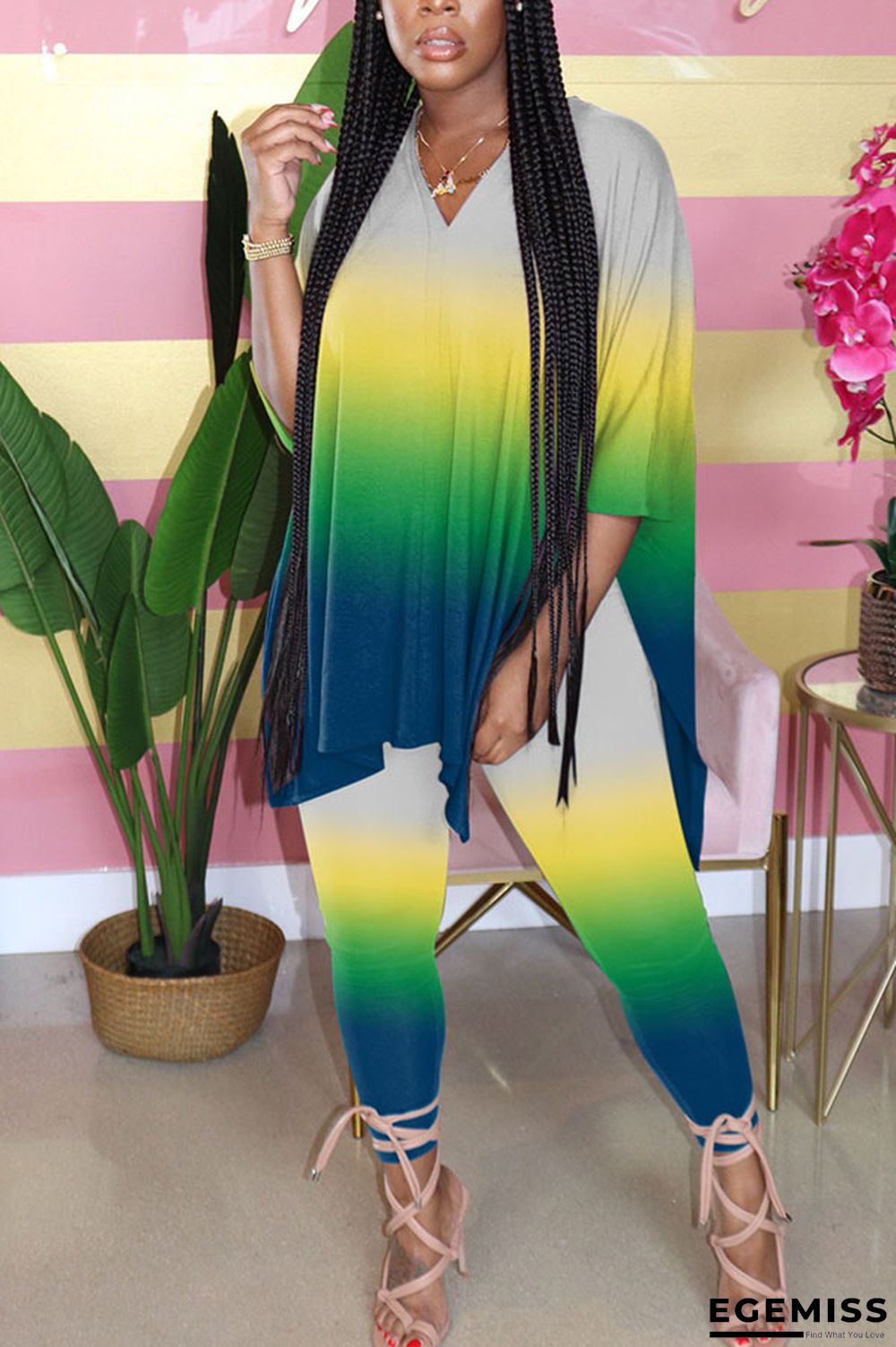 Green Fashion Sexy adult Ma'am Print Gradient Two Piece Suits pencil Half Sleeve Two Pieces | EGEMISS