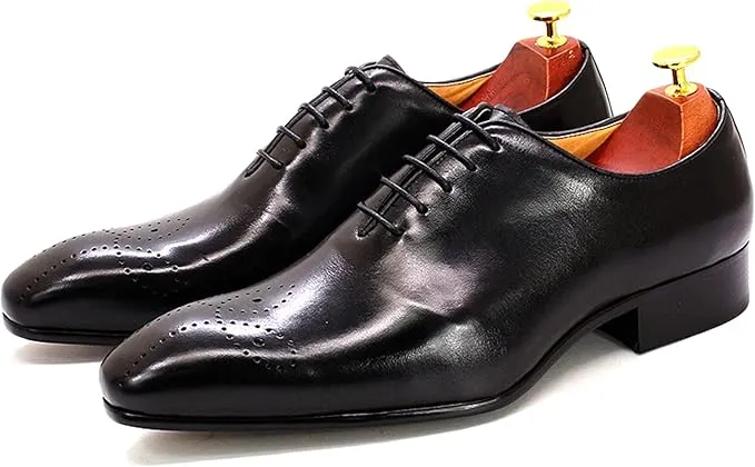 Men's Handmade Black Brogue Leather Tuxedo Shoes