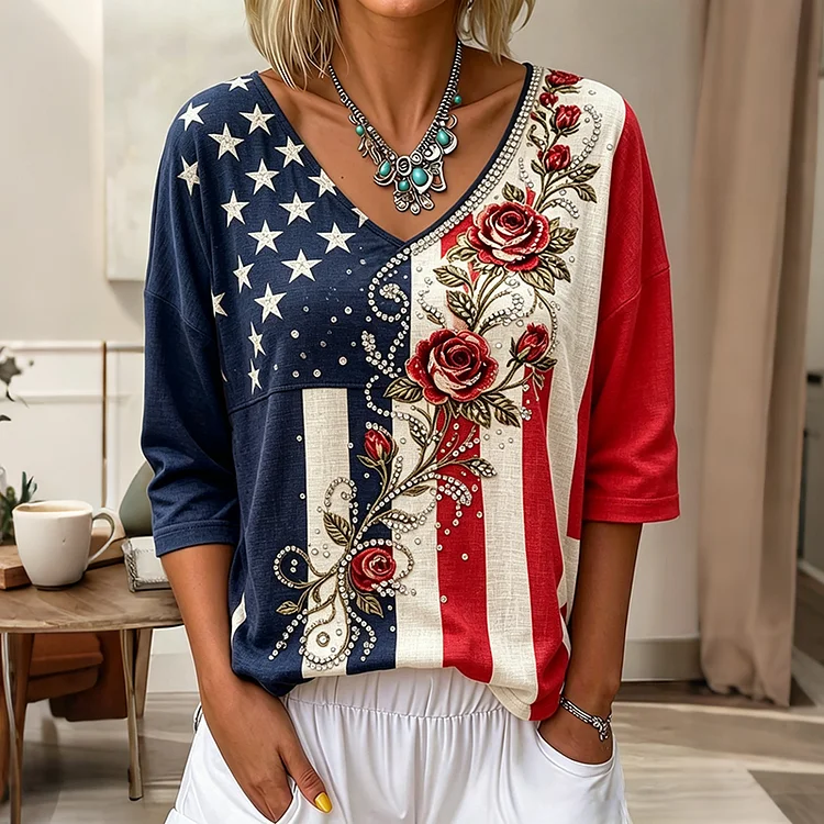 Women's Vintage Flags And Flowers Art Linen Blend Three-quarter Sleeve V Neck Linen Tops