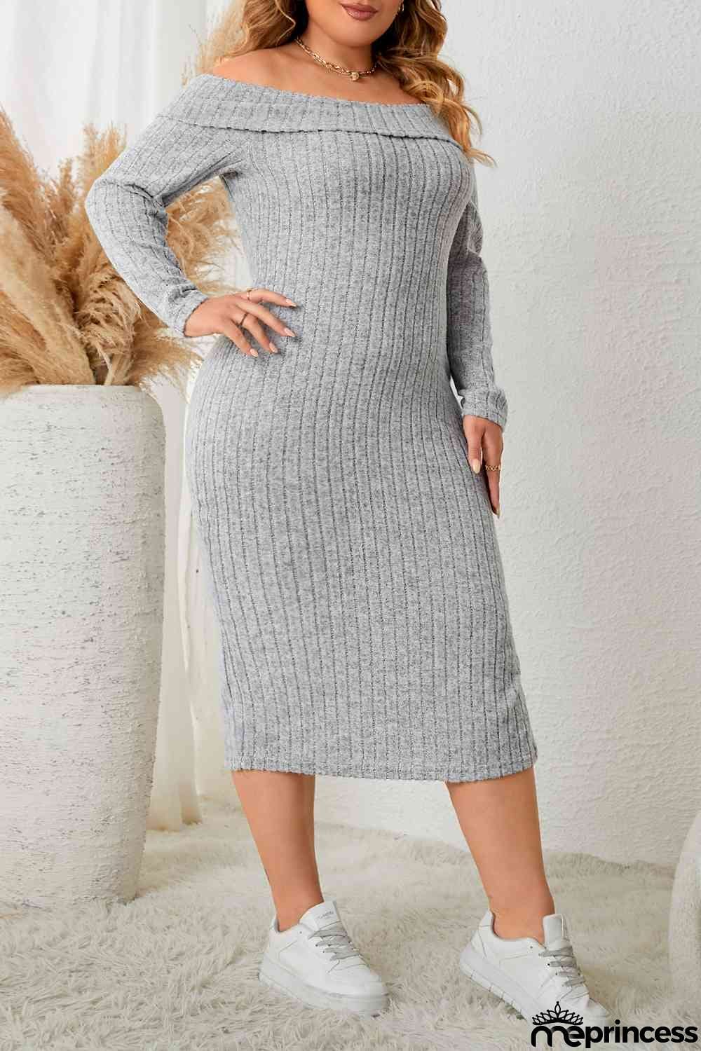 Plus Size Square Neck Long Sleeve Slit Dress