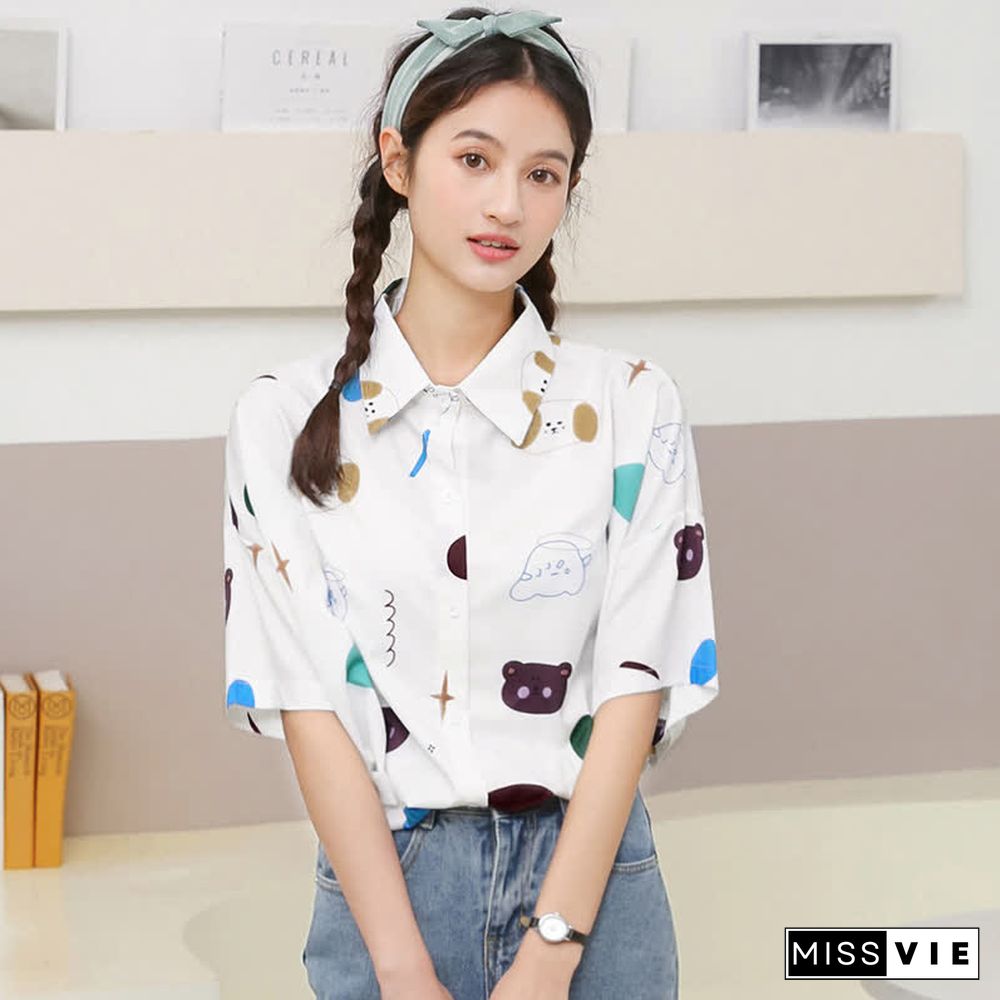 Cartoon Bear Print Lapel Casual T-Shirt