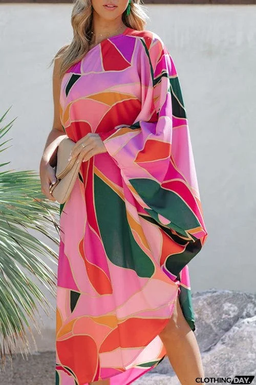 Multi Print Asymmetrical One Shoulder Dress