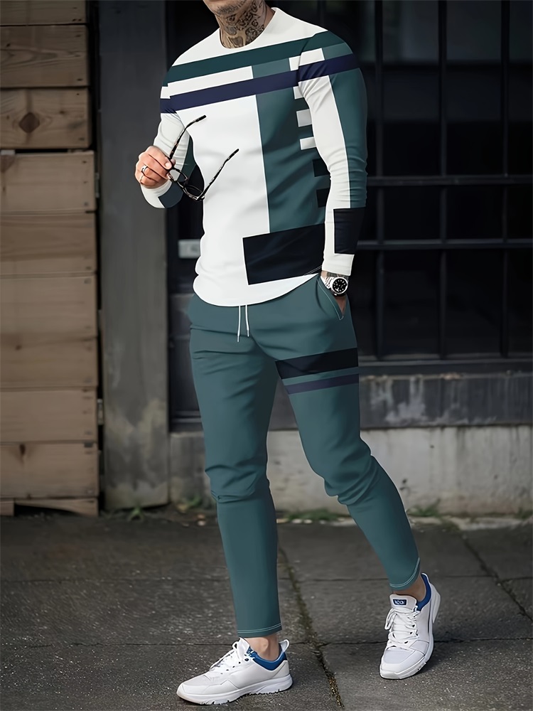Geswet 2025 New Spring And Autumn Men's Long Sleeve T-shirt And Long Pants Set Daily Street Men's Fashion Long Sleeve T-shirt
