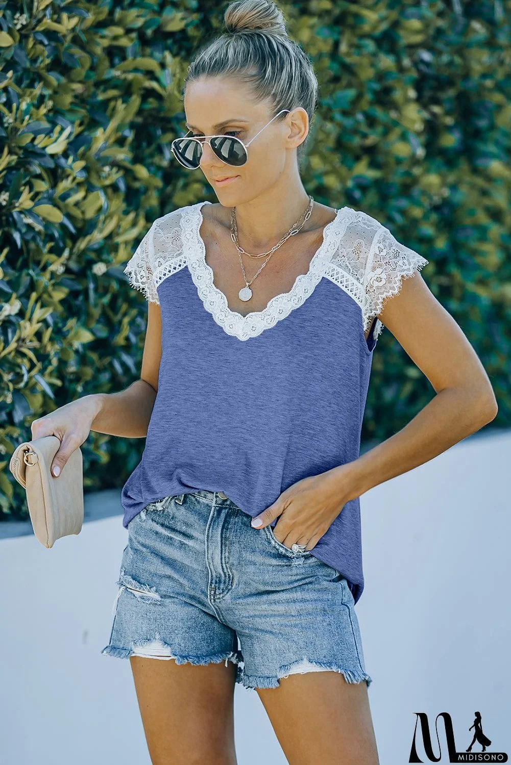 MidiSono - Scalloped Spliced Lace V-Neck Top