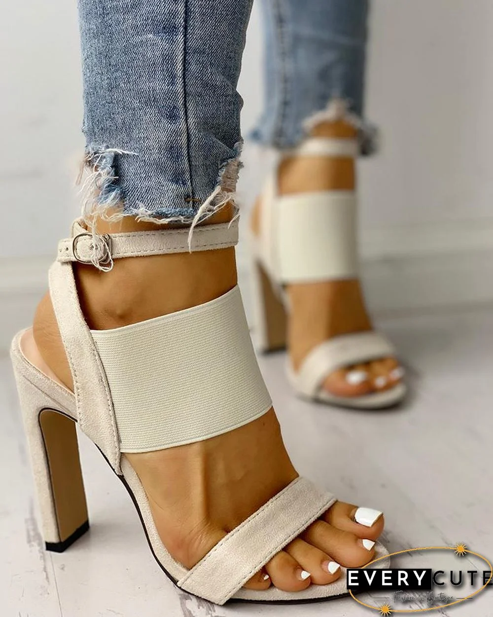 Open Toe Elastic Strap Heeled Sandals