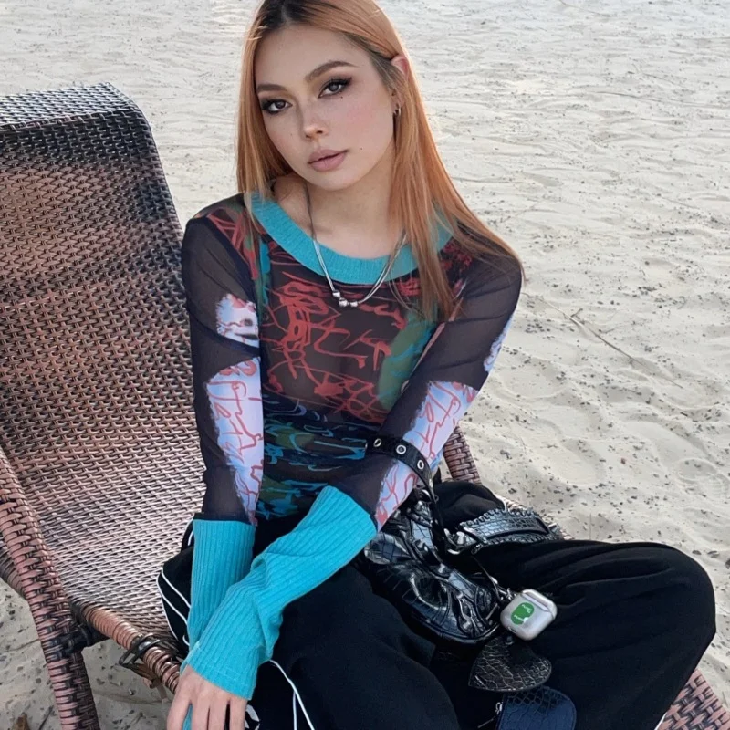 Nigikala Spring 2024 New Round-Neck Collar Long-Sleeved Mesh Printing Casual Women's Top T-Shirt