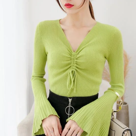 Graduation Gifts Fashion Streetwear V-neck Knitted Sweater Womens Fall Winter Tops Flare Sleeve Drawstring Pull Femme Vintage Pullover 10 Colors