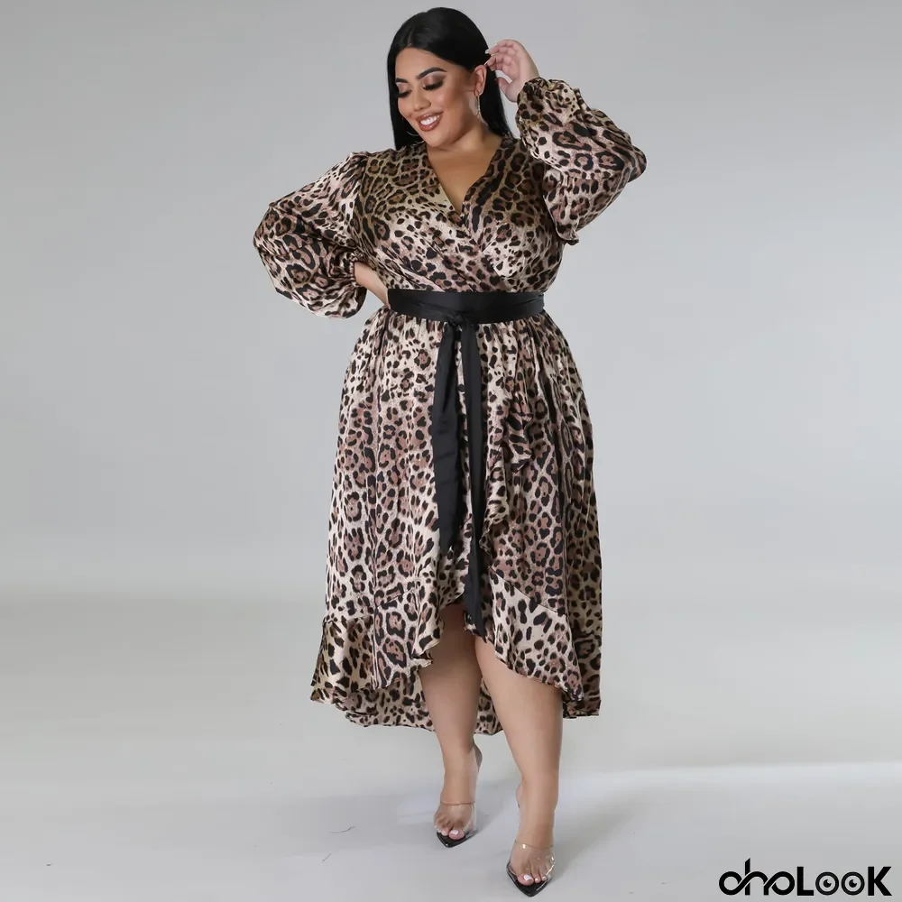Plus Size Women's Leopard V-Neck Ruffle Patchwork Dress Swing Skirt With Belt