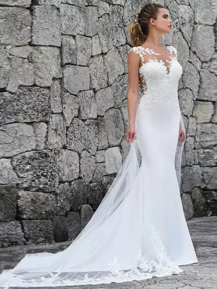 Mermaid Wedding Dress Sexy See Through Back Sleeveless Lace Appliques Wedding Gowns For Bride