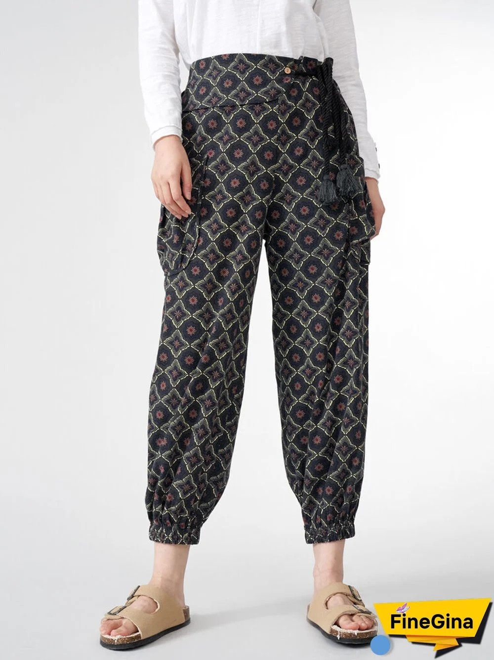 Vintage Floral Print Dual Pocket Tie Side Pants For Women