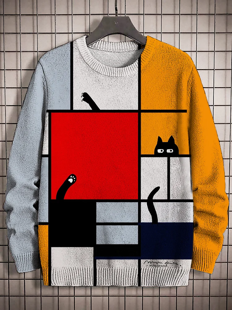 Men's Mondrian Cat Art Print Knit Sweatshirt