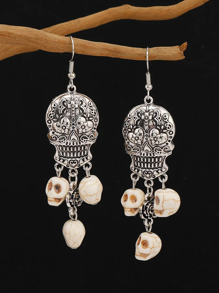 Sugar Skull Carved Turquoise Pendant Earrings