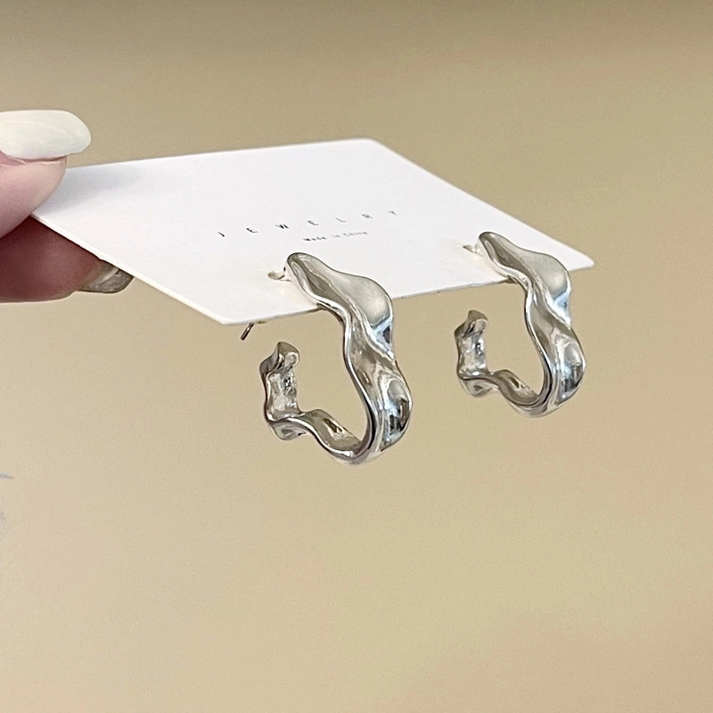 S925 Silver Needle  Irregular Metallic Ear Studs Hip-Hop Trendy Earrings Simple Niche New Earrings 6418