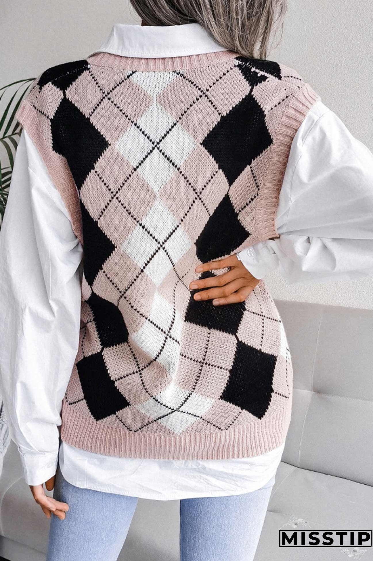 V Neck Checked Knit Tank Sweater