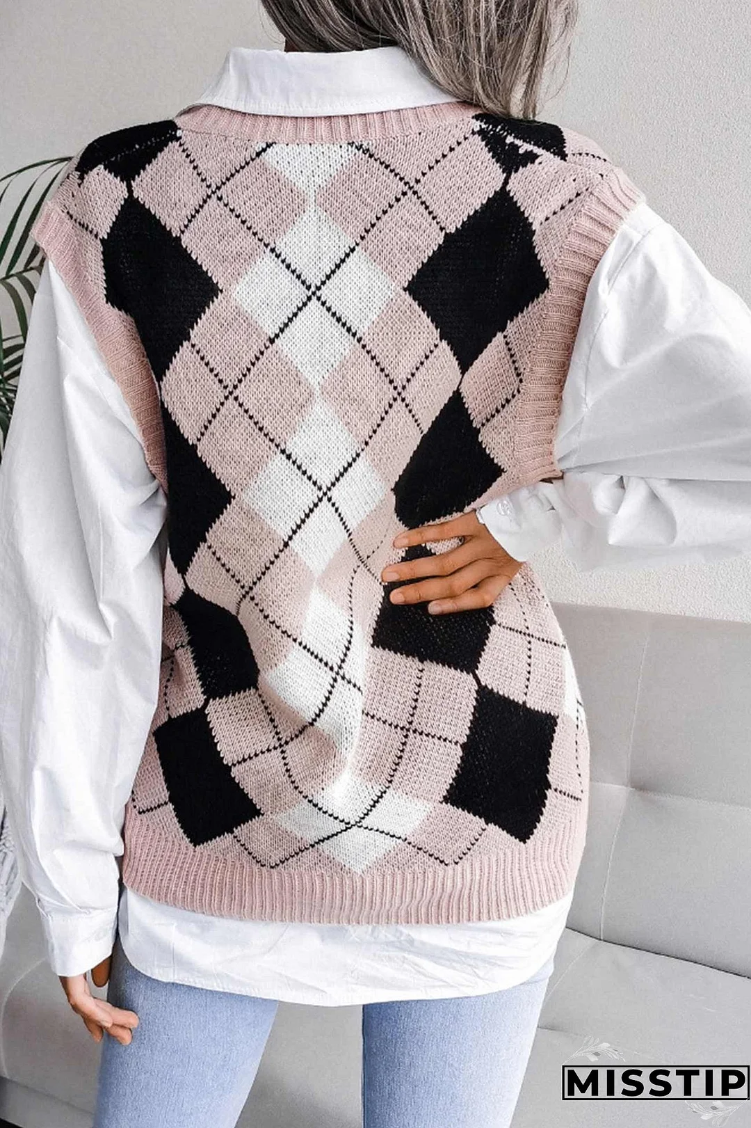 V Neck Checked Knit Tank Sweater