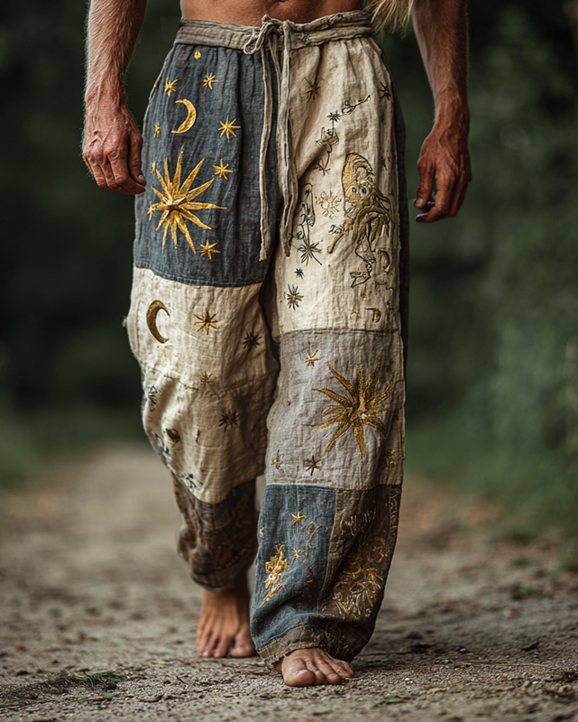 Men's Casual Star and Moon 3D Embroidered Linen Pants cfea