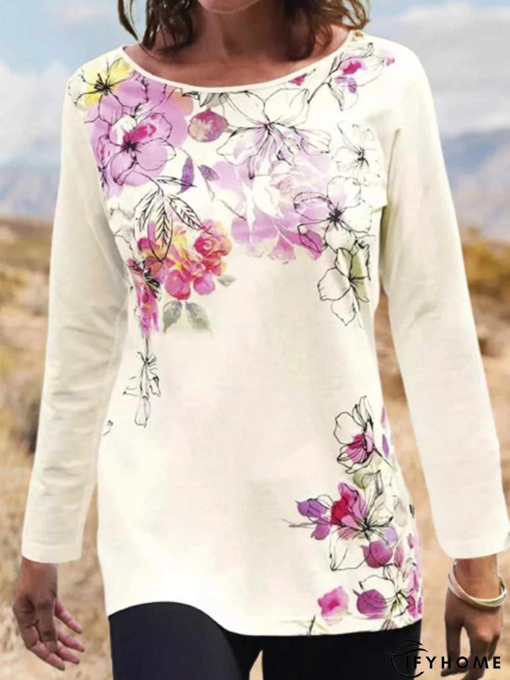 Floral Long Sleeve Crew Neck Casual Tunic T-Shirt | IFYHOME