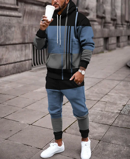 Kangaroo Pocket Color-block Drawstring Hoodie & Pants Set